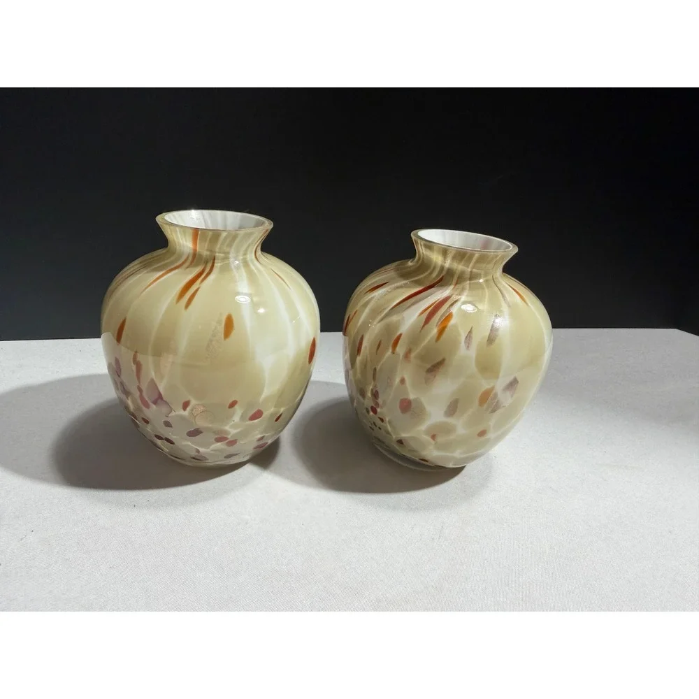 Artisan Hand Blown Glass Bud Vases Tan Red Confetti Gold Aventurine Set of 2
